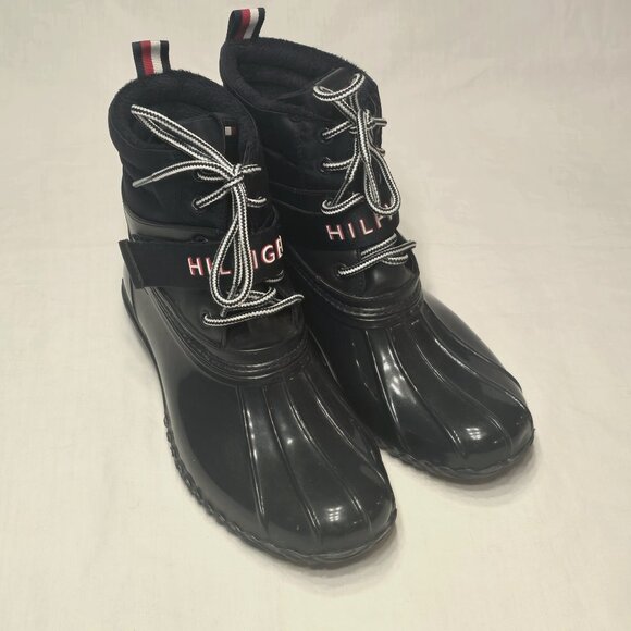 Share Tommy Hilfiger Women's Sz 8 "Huski" Navy Blue Lace Up Rain Boots w/ Strap - Picture 1 of 15
